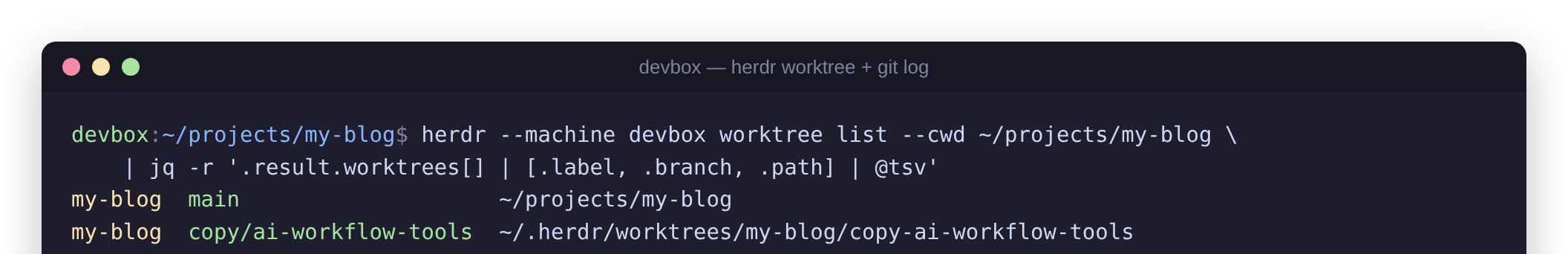 A task worktree sitting next to main in herdr.
